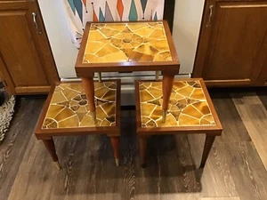 FABULOUS Mid Century Modern Mosaic Tile Teak Wood NESTING TABLES Tapered Leg SET - Picture 1 of 23