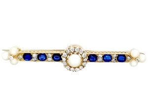 Victorian 0.95 ct Sapphire Pearl 0.82 ct Diamond 14Carat Yellow Gold Brooch - Picture 1 of 10
