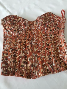 Pretty Little Thing Woven Metallic Leopard Print Boned Corset Top Orange Size 8 - Picture 1 of 8
