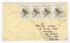 1993 MALAWI Cover SENGA to STORRINGTON GB SG796 Block BIRDS