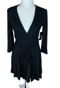 Women's Lulus Black 3/4 Sleeve V-Neck Jersey Knit Above Knee Wrap Dress Size L - Picture 1 of 4