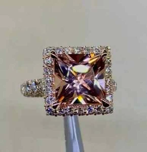 2.00Ct Princess Lab-Created Morganite Halo Engagement Ring 14K Rose Gold Plated - Picture 1 of 7