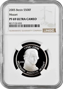 Benin 500 Franken 2005, NGC PR69 UC, "Wolfgang Amadeus Mozart" Top Pop 2/0 - Picture 1 of 2