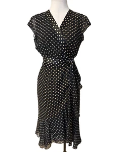 Etcetera Wrap Dress 6 Small Black Gold SILK Polka Dot Flutter Cap Sleeve - Picture 1 of 11