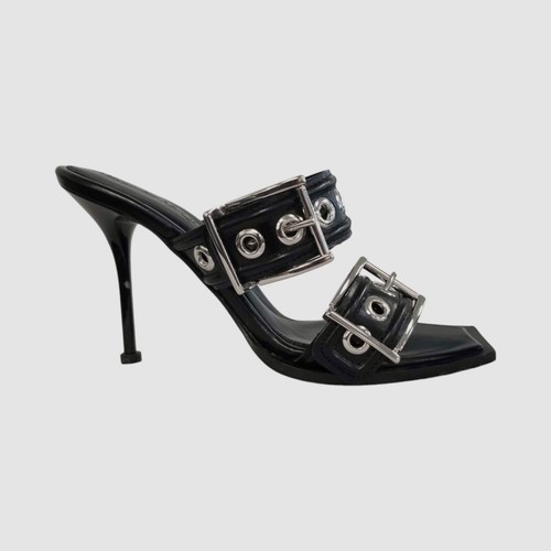 Sandali slide Alexander McQueen da donna neri con doppia fibbia $1390 taglia 36 5