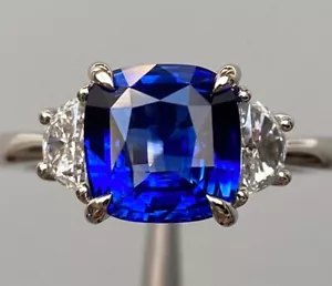 Blue Sapphire Ring 950 Platinum 0.60 Ct Natural Three-Stone Diamond Size 7 6 - Picture 1 of 10