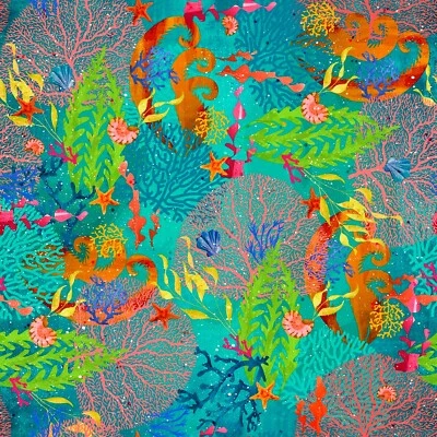 3 deseos - Mar brillante - Coral colorido - Turquesa, tela por yarda Foto 1 de 4