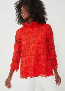 NEW Tuckernuck Womens Medium Tomato Red Guipure Lace Faye Blouse Bow Tie Back - Picture 1 of 8