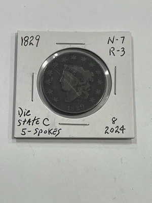 Cabezal de corona de centavo grande 1829 N-7 R-3 Die State C 5 radios ¡Bonito ejemplo!! Foto 1 de 3