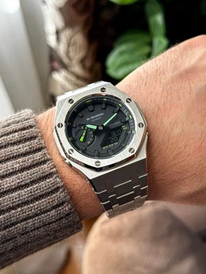 Casio G-Shock GA-2100-1A3ER "Neon Alloy" Silver Custom Stainless Steel Mod Watch - Image 1 of 4