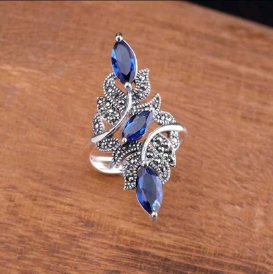 Anillo largo de cristal de piedra facetada de ágata azul de aleación enchapado en plata talla 10 Foto 1 de 3