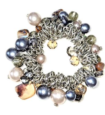 Bracelet Chunky Beaded Stretch Mixed Charms Faux Pearls Crystals Shells Silver - Image 1 of 3