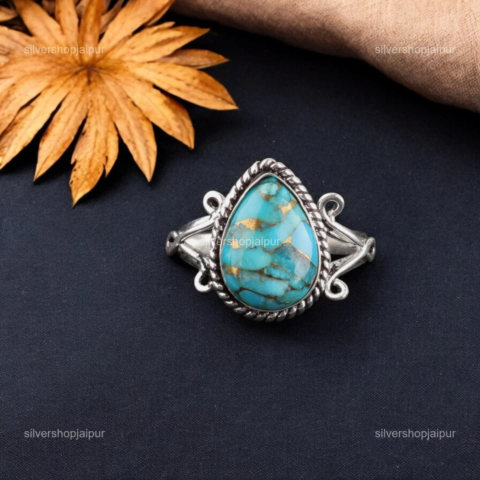 925 Sterling Silver Blue Copper Turquoise Gemstone Statement Mother Ring Jewelry - Image 1 of 4