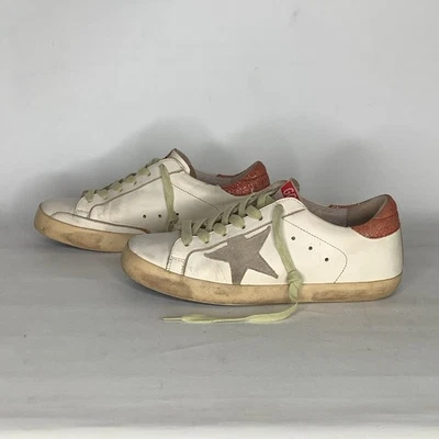 Golden Goose Super-star White Leather Sneakers w/ Beige Spur/Pink Sparkle Sz 38 - Image 1 of 4