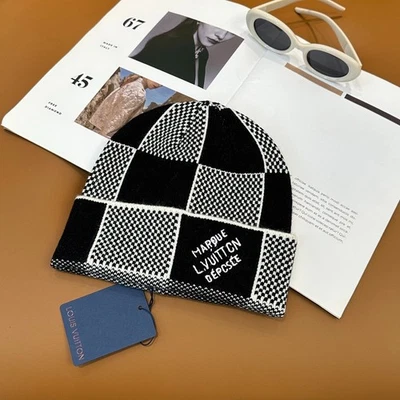 Louis Knit Beanie Hat Wool Unisex Black Checkered New - Image 1 of 4