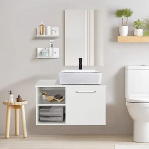 Tocador flotante de baño de 28 pulgadas con lavabo de recipiente grifo de drenaje emergente almacenamiento - Imagen 1 de 8