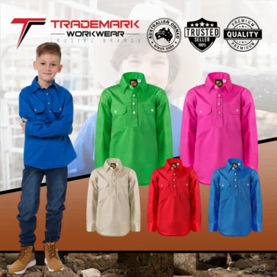 Workcraft Kids 1/2 Button Cotton Work Shirt (WSK131) Size 0-12 RRP$28.95 - image 1 of 2