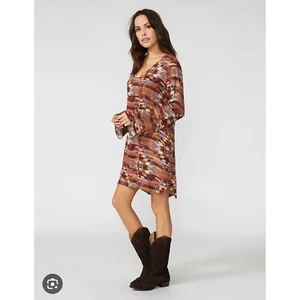Vestido Stetson Manga Campana Azteca Navajo Occidental Rayón Marrón Southwestern Ranch - Imagen 1 de 4