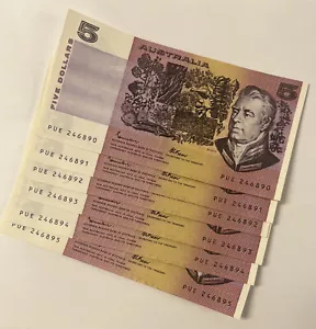 Consecutive Run x 6 - 1985 Fraser Johnston $5 Banknote Uncirculated Mint - Picture 1 of 2