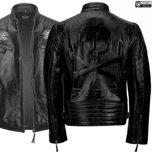 Chaqueta de cuero negra de motociclista estilo vintage para hombre con huesos de calavera en relieve - Imagen 1 de 9
