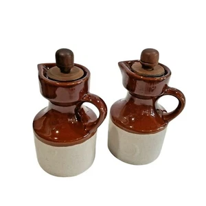 Stoneware Oil and Vinegar Dispenser Cruet Set Brown and White Wood Cork Top 1950 - Picture 1 of 12