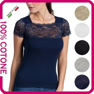 Maglia Intima Donna Elegante Cotone Manica Corta in Pizzo Maglietta Sottogiacca - Foto 1 di 12