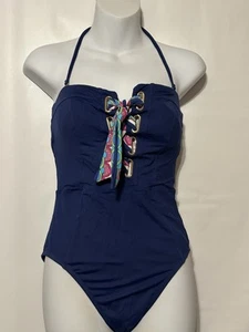 Trina Turk Paradise Bandeau Lace-Up One-Piece Blue Swim Size 6 - Picture 1 of 11