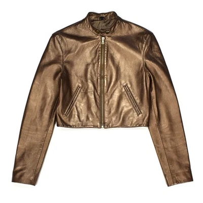 $800 Michael Hoban North Beach Leather Metallic Cropped Biker Jacket Women's 3 4 - Image 1 of 4