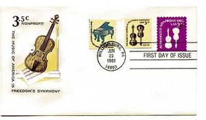 U590 3.5c Nonprofit embossed envelope, violins, Farnam, FDC - Picture 1 of 1