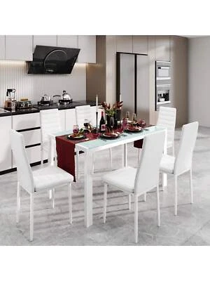 Moderno juego de mesa de comedor de 7 piezas con tapa de vidrio con 6 sillas de cuero PU para cocina Foto 1 de 4