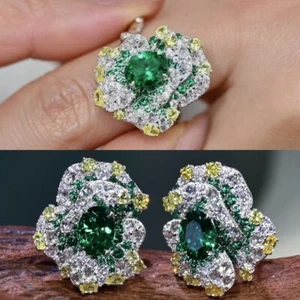 2.3ct Ring 1.15 Ct earring Emerald Green Gradient  tech Diamond Set Gift - Picture 1 of 21