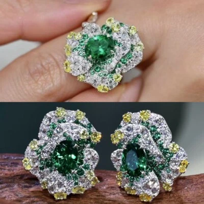 2.3ct Ring 1.15 Ct earring Emerald Green Gradient  tech Diamond Set Gift - Image 1 of 4