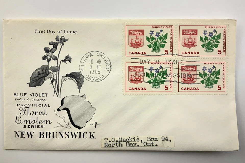 Azul Violeta Provincial Floral Emblema Nuevo Brunswick FDC Primer Día 1965 EE083 Foto 1 de 4