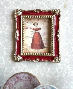 Dollhouse Miniature MUSEUM QUALITY watercolor Red Enamel FRAME 18th century lady - Picture 1 of 6