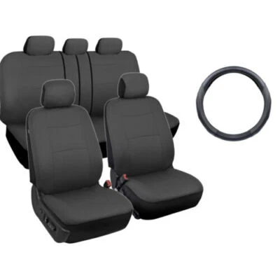 Fundas de asiento de coche delanteras/traseras + cubierta de cuero para volante gris universal Foto 1 de 4