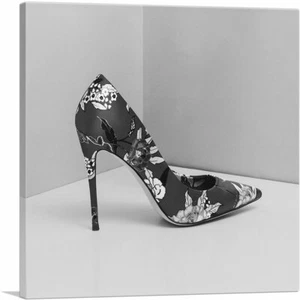 ARTCANVAS Black White Modern High Heels Shoe Stiletto Flower Canvas Art Print - Picture 1 of 11