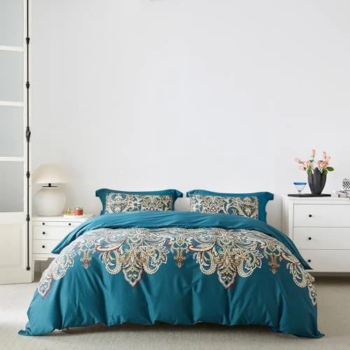  Juego de 3 fundas nórdicas verde azulado 100 % algodón egipcio 1 rojo blanco boho reina cachemira Foto 1 de 4