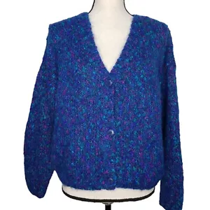 OBR Vintage Cardigan Sweater Women's Medium L/S Blue Nubby Fuzzy Mohair Blend - Picture 1 of 6