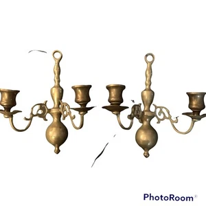 Set of 2 Vtg Solid Brass Wall Sconce Double Candle Holders 9x8x5” - Picture 1 of 3