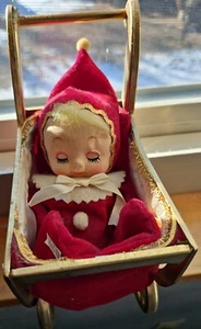 Vintage Sleeping Big Eye Stump Baby Doll In Musical, Moving Red Velvety Buggy - Picture 1 of 5