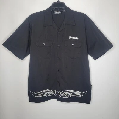 Dragonfly Biker Shirt Men's Shop Shirt Size L Black Embroidered Tribal Y2K - Image 1 of 4