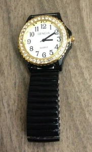 Geneva Crystal Gold Woman's Watch Round White Dial on Black Stretch Band NEW! - Picture 1 of 2