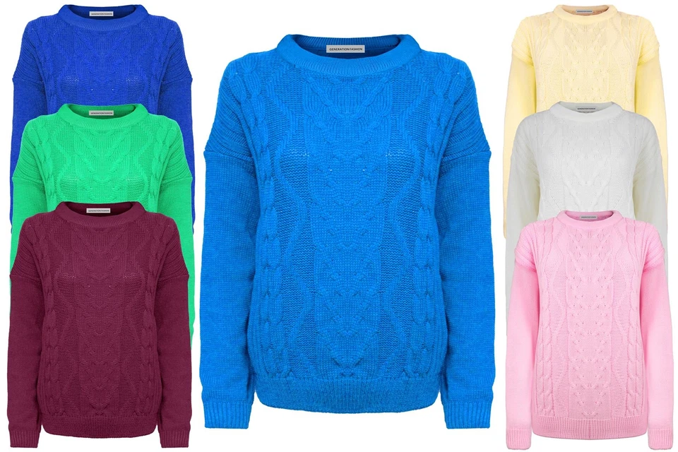 New Ladies Women Knitted Cable Knit Jumper Pullover Loose Fitting Baggy Sweater - Image 1 of 1