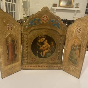 VTG RELIGIOUS CHRISTIAN TRIPTYCH ITALIAN FLORENTINE Gilt W 15 1/2" X H 12" Large - Picture 1 of 24