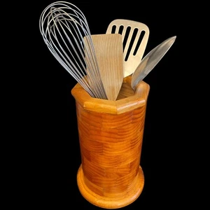 Segmented Wood Utensil Holder Round Handmade Rustic Primitive 9.5”OOAK - Picture 1 of 9