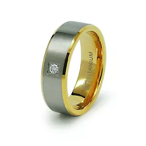 Titanium Two Tone 18K Gold Plated CZ Mens Wedding Band 7MM | FREE ENGRAVING - Picture 1 of 2