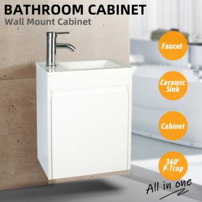 Tocador de baño de 16"" con fregadero combo juego de gabinete montado en la pared para espacio pequeño blanco Foto 1 de 4