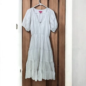 Betsey Johnson Size M Speckled White Cotton Tiered Ruffle Prairie Maxi Dress - Picture 1 of 7