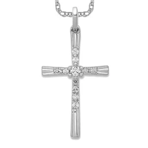 10K Solid White Gold Diamond Cross Necklace - Picture 1 of 4