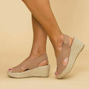 Womens Cross Strap Peep Toe Slingback Sandals Platform Wedge Espadrilles Shoes